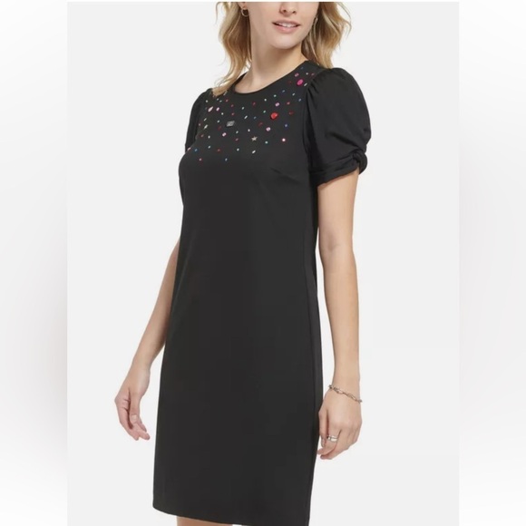 KARL LAGERFELD Embellished Black Shift Dress Stretchy NWT - Picture 2 of 10